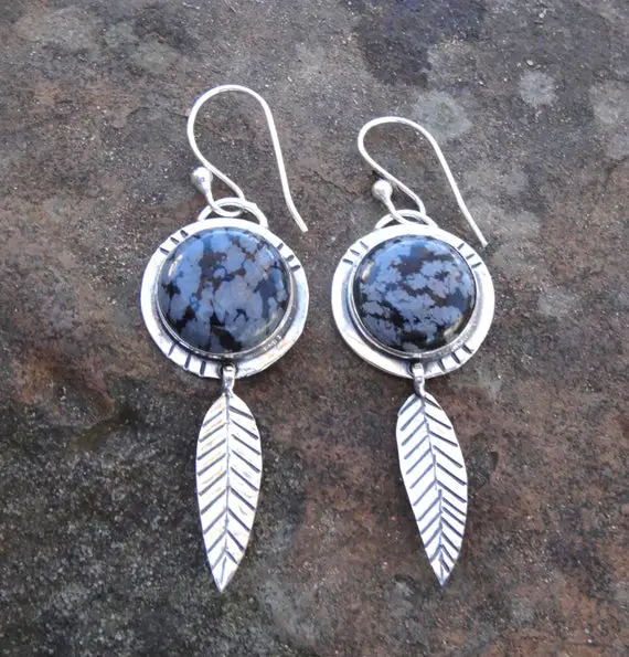 925 - Snowflake Obsidian Earrings, Sterling Silver Snowflake Obsidian Dangle Earrings, Long Black Stone Earrings, Natural Stone, Chakra
