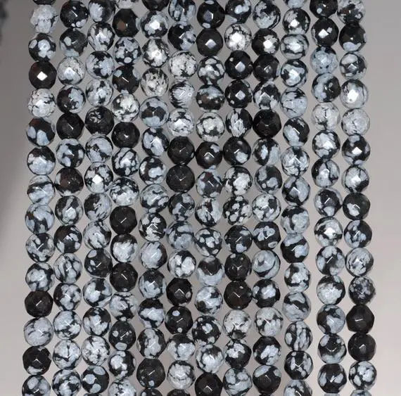 4mm Snowflake Obsidian Gemstone Faceted Round Loose Beads 15 Inch Full Strand (80002011-a65)