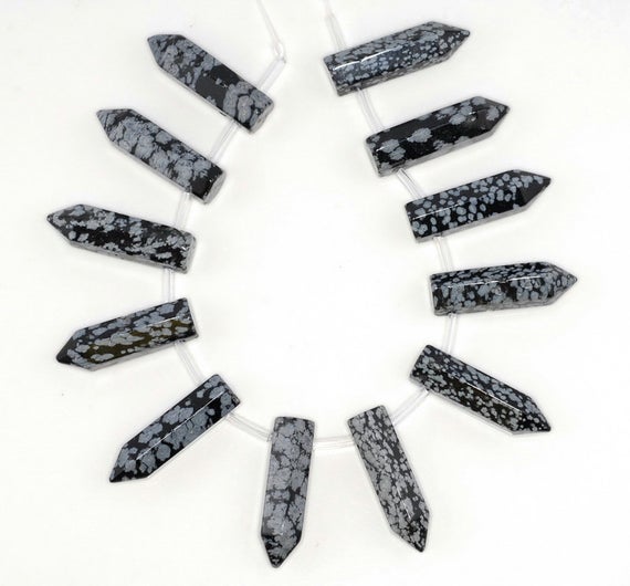 31x8mm Snowflake Obsidian Gemstone Point Healing Chakra Hexagonal Point Focal Bead Full Strand 12 Beads (90183766a-368)