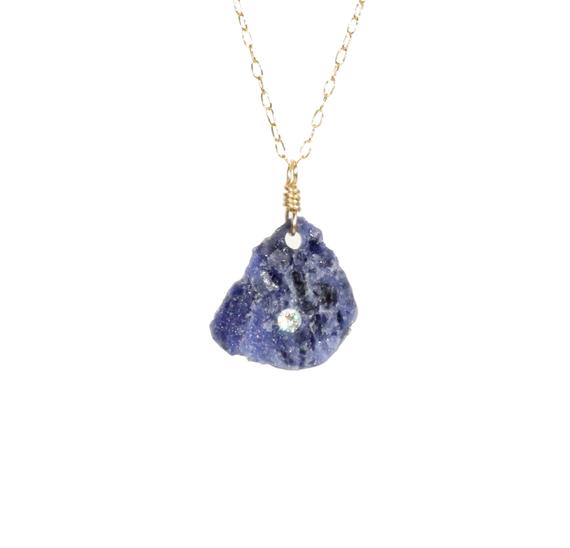 Sodalite And Crystal Necklace, Blue Mineral Pendant, Chakra Necklace, Healing Stone, Blue Mineral Pendant, Raw Crystal, 14k Gold Filled