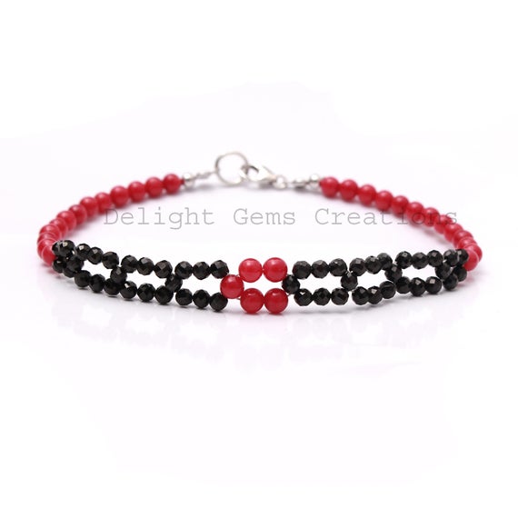 Red Coral & Black Spinel Bracelet, 3mm/4mm Coral Round Smooth And Faceted Beads Bracelet, Sterling Silver, Friendship Bracelet, Gift For Her