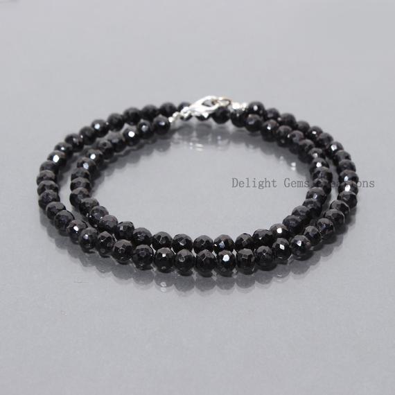 Black Spinel Necklace, Black Spinel Jewelry, Sterling Silver, Beaded, Layering Necklace, 6-6.5mm Black Spinel Faceted Round Necklace 18 Inch