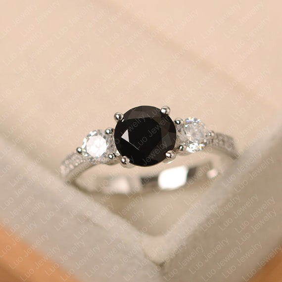 Black Spinel Ring, Sterling Silver, Engagement Ring, Round Cut, Black Stone Ring
