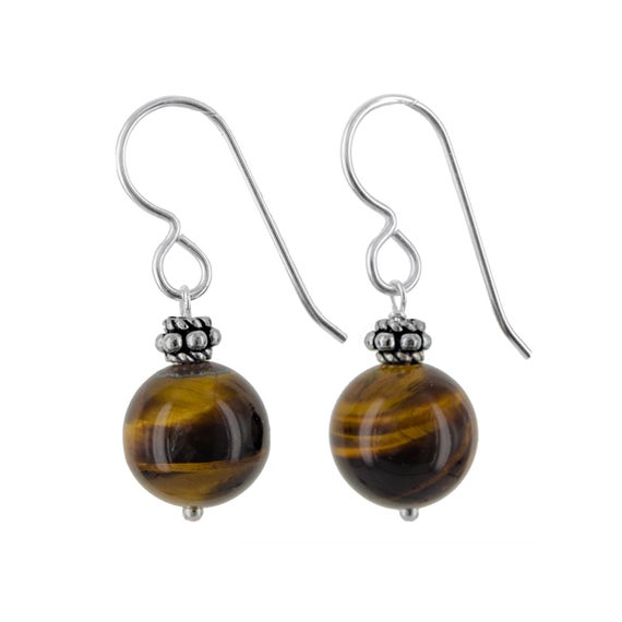 Tiger's Eye Earrings, 11 Mm Round Beads, Healing Gemstone Dangle Brown Earrings, Silver Jewelry And Bali Beads, Valentine's Day Gifts
