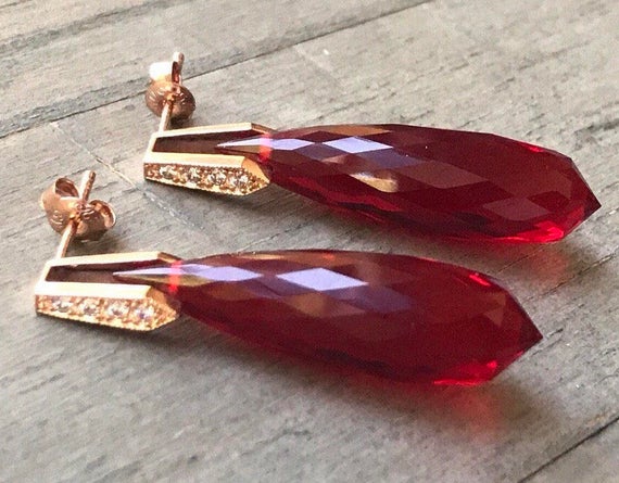 Big Red Topaz Earrings Pave Rose Gold Vermeil Posts. Luxury Earrings.  Statement Jewelry.  Gift For Her.