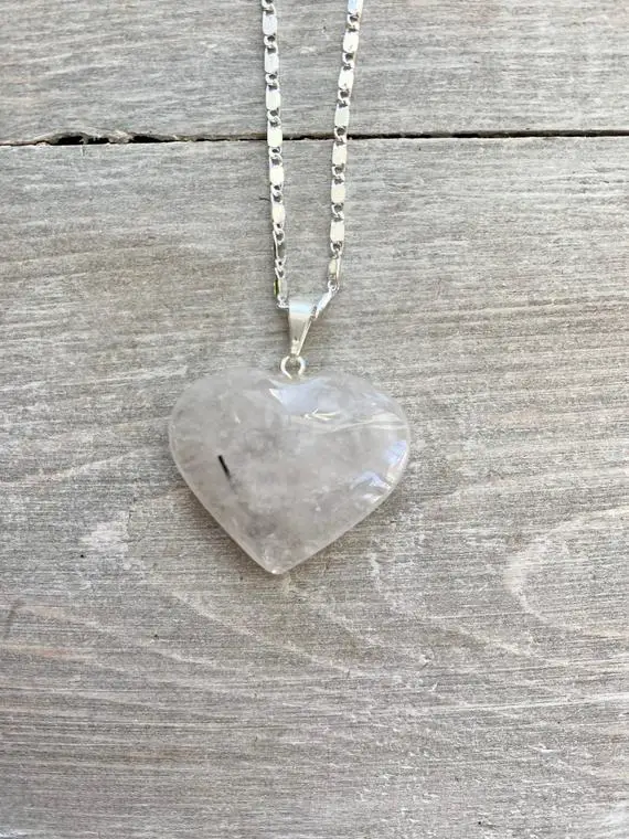 Tourmalinated Quartz Heart Pendant Necklace | Stone Crystal Jewelry | Chain Included