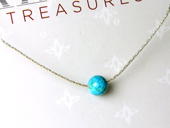 Turquoise Sterling Silver Necklace Natural Blue Green Gemstone Single Bead Dainty Minimalist Choker December Birthstone Gift For Women 5561