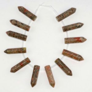 Shop Unakite Bead Shapes! 31x8mm Unakite Gemstone Light Point Healing Chakra Hexagonal Point Focal Bead Full Strand 12 Beads (90183769A-368) | Natural genuine other-shape Unakite beads for beading and jewelry making.  #jewelry #beads #beadedjewelry #diyjewelry #jewelrymaking #beadstore #beading #affiliate #ad