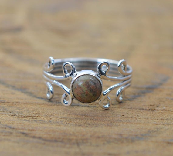 Unakite 925 Sterling Silver Handmade Jewelry Ring ~ Statement Rings ~ Round Shape ~ Gemstone Jewelry Ring Size Us- 8/ Uk- P