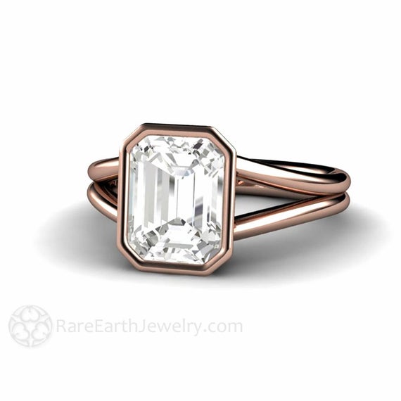 White Sapphire Ring White Sapphire Engagement Ring Emerald Cut Solitaire Bezel Set Solitare Split Shank Minimalist In Gold Or Platinum