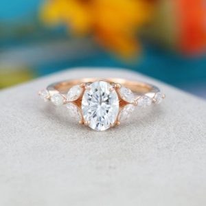 Shop White Sapphire Jewelry! Oval cut moissanite engagement ring rose gold Cluster diamond vintage engagement ring Unique Marquise Moissanite wedding Bridal gift for her | Natural genuine White Sapphire jewelry. Buy handcrafted artisan wedding jewelry.  Unique handmade bridal jewelry gift ideas. #jewelry #beadedjewelry #gift #crystaljewelry #shopping #handmadejewelry #wedding #bridal #jewelry #affiliate #ad