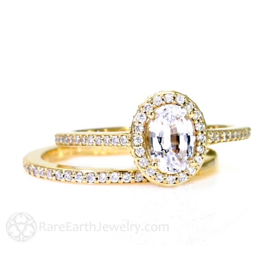Oval White Sapphire Halo Wedding Set White Sapphire Engagement Ring With Diamond Halo Oval Halo Bridal Ring Set Oval White Sapphire Halo Wedding Set White Sapphire Engagement Ring With Diamond Halo Oval Halo Bridal Ring Set