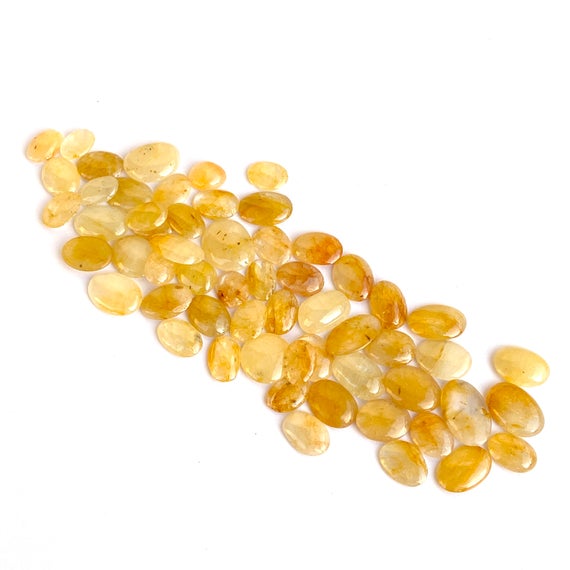 56 Pc Natural Burmese Precious Yellow Sapphire Chip Flat Cabochons | Polished Beautiful Cabs | 142 Carats | 7x9 To 11x14 Mm