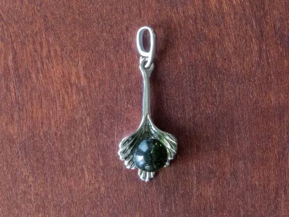 5mm Moldavite Bead In Sterling Silver Leaf - Museum Grade - Polished Moldavite Jewelry, Moldavite Necklace Pendant, 925 Silver, Tektite