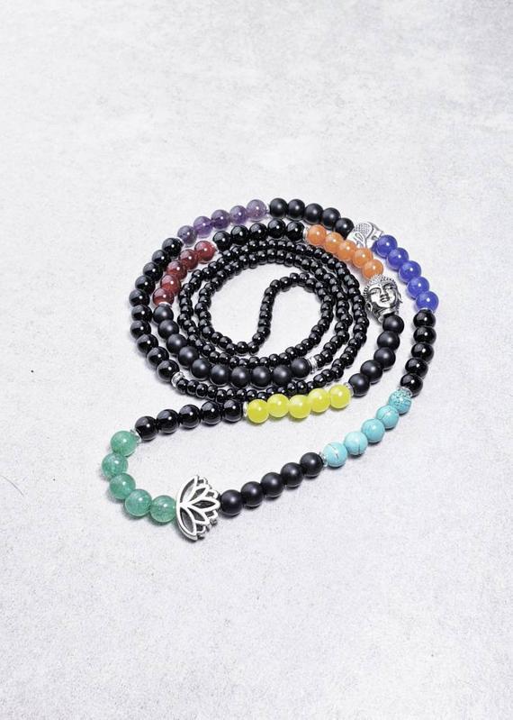 7 Chakra Beaded Necklace | Silver Buddha, Lotus & Elephant | Spiritual Jewelry