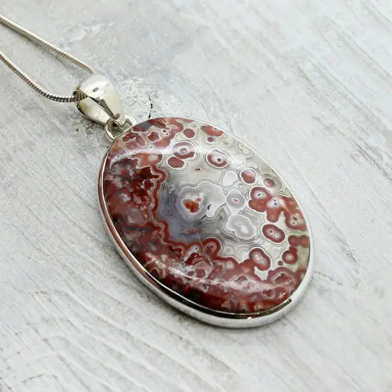 Laguna Lace Agate Cab Pendant Big Stone Oval Shape Pendant Set On Sterling Silver 925 Natural Agate Stone Pendant Solid Silver