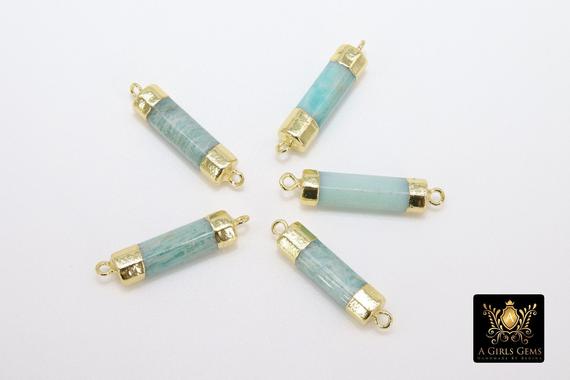 Amazonite Bar Connector, Genuine Gemstone Gold Bar Links #759, Aqua Blue Stone Pendants, 6 X 28 Mm