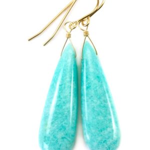 Shop Amazonite Earrings! Amazonite Earrings Blue Aqua Smooth Finish Long Teardrop Briolette Sterling Silver or 14k Solid Gold or Filled Pale Soft Blue  2 Inch | Natural genuine Amazonite earrings. Buy crystal jewelry, handmade handcrafted artisan jewelry for women.  Unique handmade gift ideas. #jewelry #beadedearrings #beadedjewelry #gift #shopping #handmadejewelry #fashion #style #product #earrings #affiliate #ad