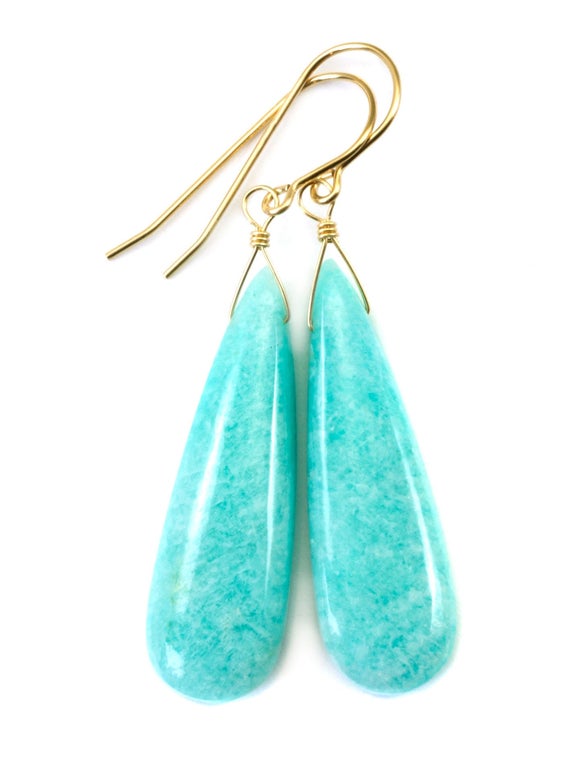 Amazonite Earrings Blue Aqua Smooth Finish Long Teardrop Briolette Sterling Silver Or 14k Solid Gold Or Filled Pale Soft Blue  2 Inch
