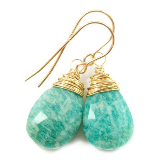 Amazonite Earrings Blue Green Faceted Sterling Silver Or 14k Solid Gold Or Rose Gold Filled Natural Pear Messy Wire Wrapped Soft Teal Color