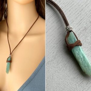 Shop Amazonite Pendants! NATURAL AMAZONITE NECKLACE – Blue Crystal Necklace Adjustable – Amazonite Jewelry – Brown Cord Crystal Necklace for Men – Amazonite Pendant | Natural genuine Amazonite pendants. Buy handcrafted artisan men's jewelry, gifts for men.  Unique handmade mens fashion accessories. #jewelry #beadedpendants #beadedjewelry #shopping #gift #handmadejewelry #pendants #affiliate #ad