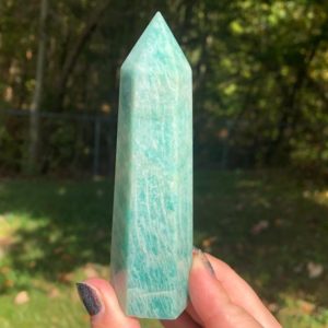 Shop Amazonite Points & Wands! 4.1" Amazonite Point  Vibrant Shimmery Blue Green Feldspar Tower #3 | Natural genuine stones & crystals in various shapes & sizes. Buy raw cut, tumbled, or polished gemstones for making jewelry or crystal healing energy vibration raising reiki stones. #crystals #gemstones #crystalhealing #crystalsandgemstones #energyhealing #affiliate #ad