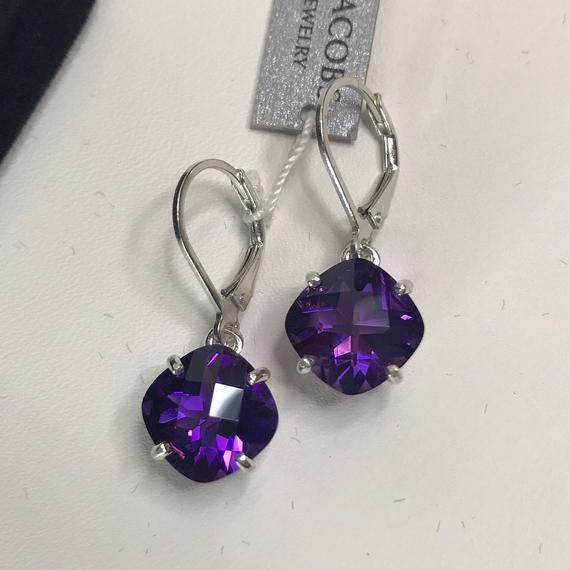 Beautiful 9ctw Cushion Cut Amethyst Earrings Sterling Silver Royal Purple Lever Back Jewelry Trends Gift Trending Dangle 10mm February Wife