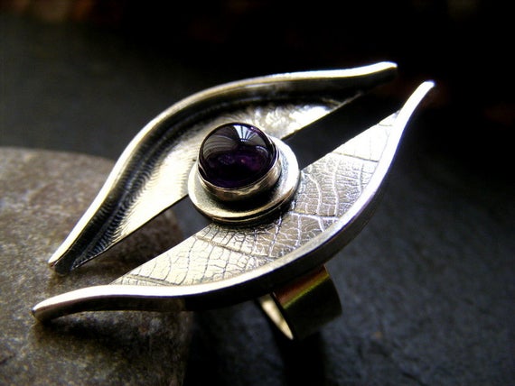 Silver Amethyst Leaf Ring, Sterling Silver Textured  Amethyst Nature Ring