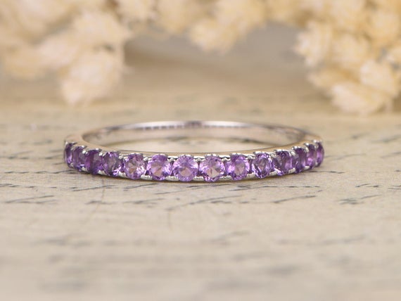 Amethyst Wedding Ring 14k White Gold Art Deco Wedding Band Half Eternity Ring Amethyst Engagement Ring Stackable Ring Pave Amethyst Ring