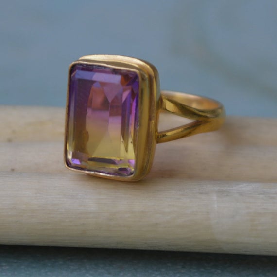 Cushion Cut Ametrine Quartz Gemstone Ring, Sterling Silver Yellow Plated, Rose Gold Plated Gold Ring, Purple Yellow Ametrine Gift Ring