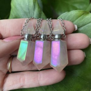 Shop Angel Aura Quartz Necklaces! Angel aura Rose Quartz perfume bottle necklace, crystal bottle necklace, gemstone bottle necklace, perfume bottle necklace | Natural genuine Angel Aura Quartz necklaces. Buy crystal jewelry, handmade handcrafted artisan jewelry for women.  Unique handmade gift ideas. #jewelry #beadednecklaces #beadedjewelry #gift #shopping #handmadejewelry #fashion #style #product #necklaces #affiliate #ad