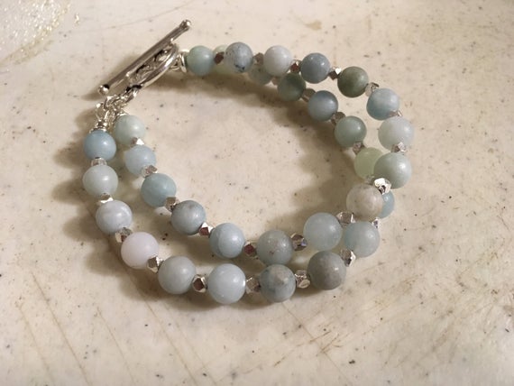 Aquamarine Bracelet - March Birthstone - Sterling Silver Jewelry - Blue Gemstone Jewellery - Double Strand - Fashion