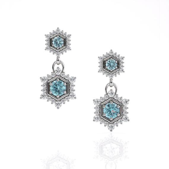 Aquamarine Hexagon Halo Earrings | Luxury Dangle Drop Earrings | Couture Bridal Earrings | Art Deco Vintage Inspired | Platinum, White Gold