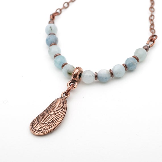Light Blue Mussel Shell Necklace, Aquamarine Beads And Copper Chain, 21 1/4 Inches Long