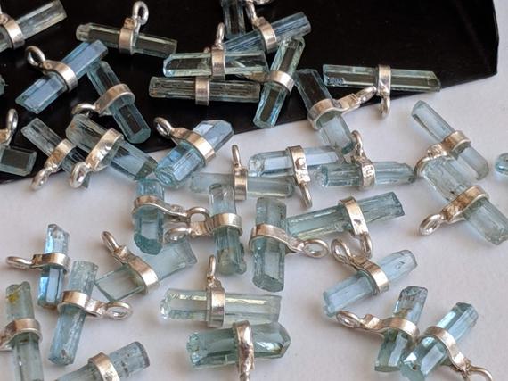 10-13mm Aquamarine Sticks Single Loop Connectors, 5pcs Natural Aquamarine 925 Silver Connectors, Aquamarine Finding Silver Charm - Pksg78