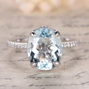 9x11mm Oval Cut Aquamarine Engagement Ring,Filigree Ring,Aquamarine Solitaire Ring,Solid 14k White Gold,Claw Prongs, Big Stone | Natural genuine Array jewelry. Buy handcrafted artisan wedding jewelry.  Unique handmade bridal jewelry gift ideas. #jewelry #beadedjewelry #gift #crystaljewelry #shopping #handmadejewelry #wedding #bridal #jewelry #affiliate #ad