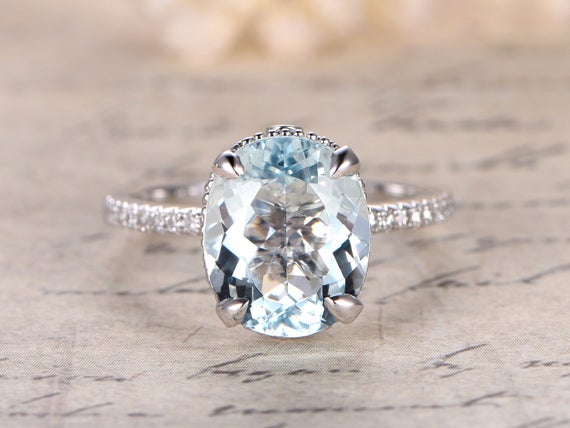 9x11mm Oval Cut Aquamarine Engagement Ring,filigree Ring,aquamarine Solitaire Ring,solid 14k White Gold,claw Prongs, Big Stone