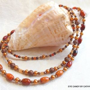 Autumn colors necklace, orange azurite necklace, three strand necklace, carnelian, calcite, pearls | Natural genuine Orange Calcite necklaces. Buy crystal jewelry, handmade handcrafted artisan jewelry for women.  Unique handmade gift ideas. #jewelry #beadednecklaces #beadedjewelry #gift #shopping #handmadejewelry #fashion #style #product #necklaces #affiliate #ad