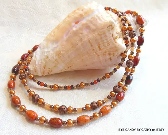 Autumn Colors Necklace, Orange Azurite Necklace, Three Strand Necklace, Carnelian, Calcite, Pearls
