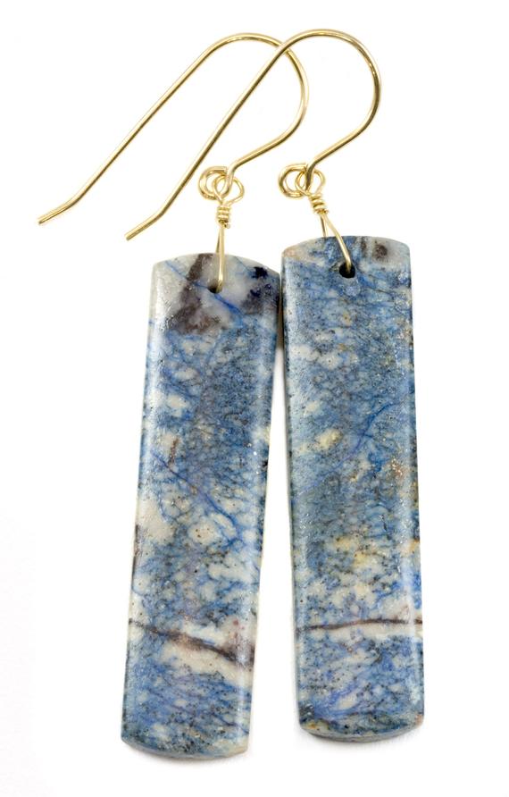 Azurite Earrings Lightning Blue Marbled Striped 14k Solid Gold Or Filled Or Sterling Silver Smooth Long Rectangle Natural Matte Drops 2.3 In