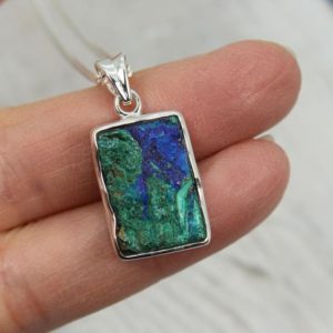 Shop Azurite Pendants! Stunning Azurite pendant with very bright azur and green colours rectangle shape raw stone set on 925 sterling silver unisex piece | Natural genuine Azurite pendants. Buy crystal jewelry, handmade handcrafted artisan jewelry for women.  Unique handmade gift ideas. #jewelry #beadedpendants #beadedjewelry #gift #shopping #handmadejewelry #fashion #style #product #pendants #affiliate #ad