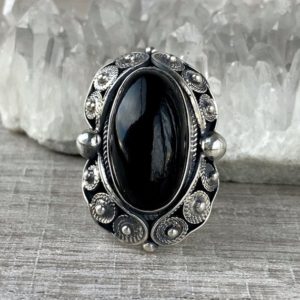 Shop Obsidian Rings! Black obsidian ring adjustable Sterling silver for women vintage style ring filigree handmade artisan ring for women made in Armenia | Natural genuine Obsidian rings, simple unique handcrafted gemstone rings. #rings #jewelry #shopping #gift #handmade #fashion #style #affiliate #ad