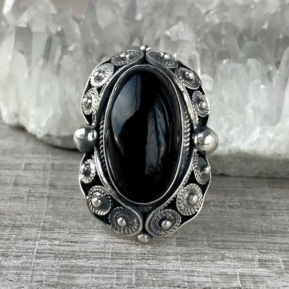 Black Obsidian Ring Adjustable Sterling Silver For Women Vintage Style Ring Filigree Handmade Artisan Ring For Women Made In Armenia