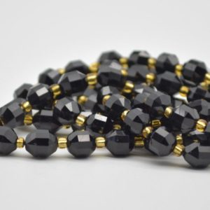 Shop Black Tourmaline Faceted Beads! Grade A Natural Black Tourmaline Semi-precious Gemstone Double Tip FACETED Round Beads – 7mm x 8mm – 15" strand | Natural genuine faceted Black Tourmaline beads for beading and jewelry making.  #jewelry #beads #beadedjewelry #diyjewelry #jewelrymaking #beadstore #beading #affiliate #ad