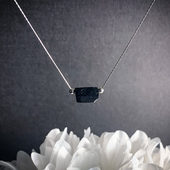 Black Tourmaline Necklace Raw Crystal Nugget Raw Tourmaline Silver Chain Choker Gemstone Necklace Gift For Her