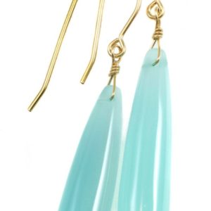Shop Blue Chalcedony Jewelry! Aqua Blue Chalcedony Earrings Long Teardrop Shaped Smooth 14k Solid Gold or Filled or Sterling Silver Skinny Pale Soft Blue Natural Narrow 2 | Natural genuine Blue Chalcedony jewelry. Buy crystal jewelry, handmade handcrafted artisan jewelry for women.  Unique handmade gift ideas. #jewelry #beadedjewelry #beadedjewelry #gift #shopping #handmadejewelry #fashion #style #product #jewelry #affiliate #ad