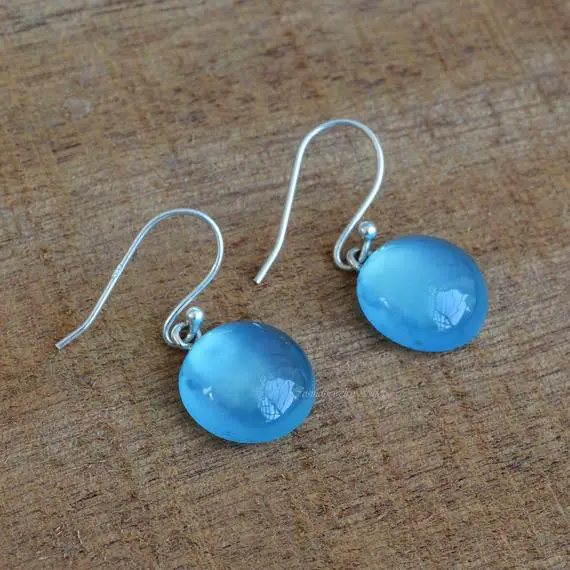 Blue Chalcedony Stud Earrings- Blue Chalcedony 7x7 Mm Round Cabochon Silver Earrings, Blue Chalcedony Gemstone Earrings, Chalcedony Stud