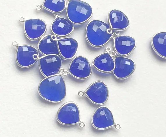 11-13mm Blue Chalcedony Connectors, 3pcs Blue Faceted Heart Single Loop 925 Silver Connectors, Bezel Connector, Finding, Silver Charm - Ks67