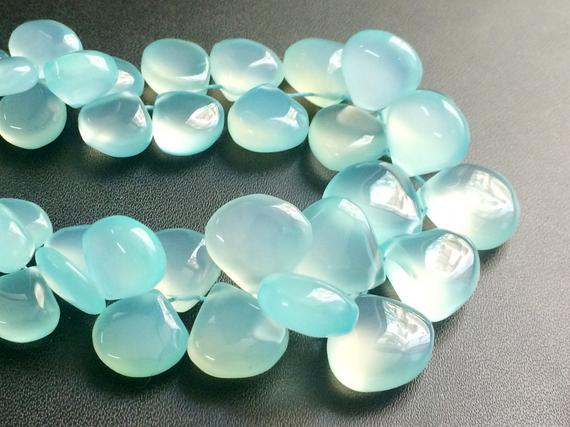 7.5-8mm Aqua Chalcedony Plain Heart Beads, Aqua Chalcedony Briolette Beads, Light Blue Chalcedony For Necklace (3.5in To 7in Options)