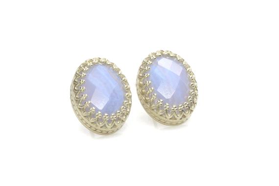 Blue Lace Agate Stud Oval Earrings · 925 Silver Gemstone Earrings · Handcrafted Faceted Stone Earrings